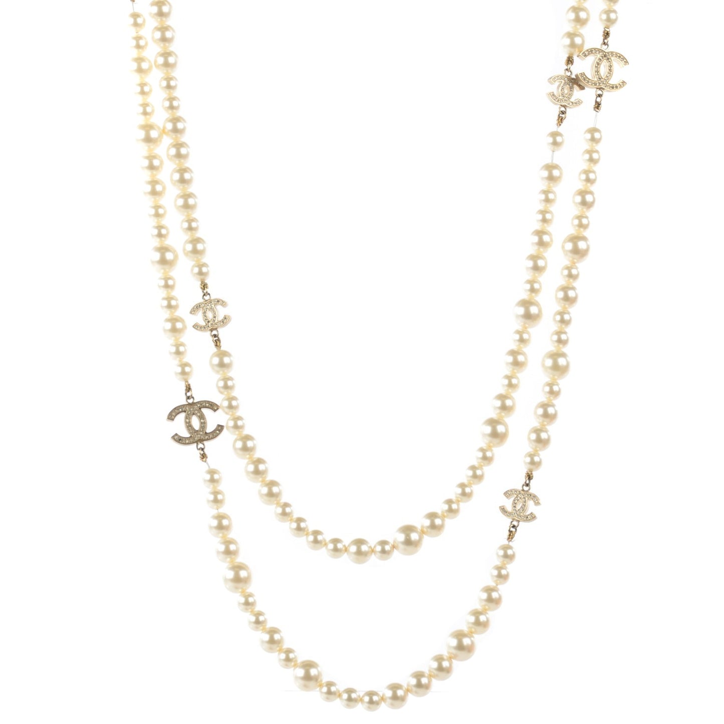Pearl Crystal CC Double Strand Necklace Silver