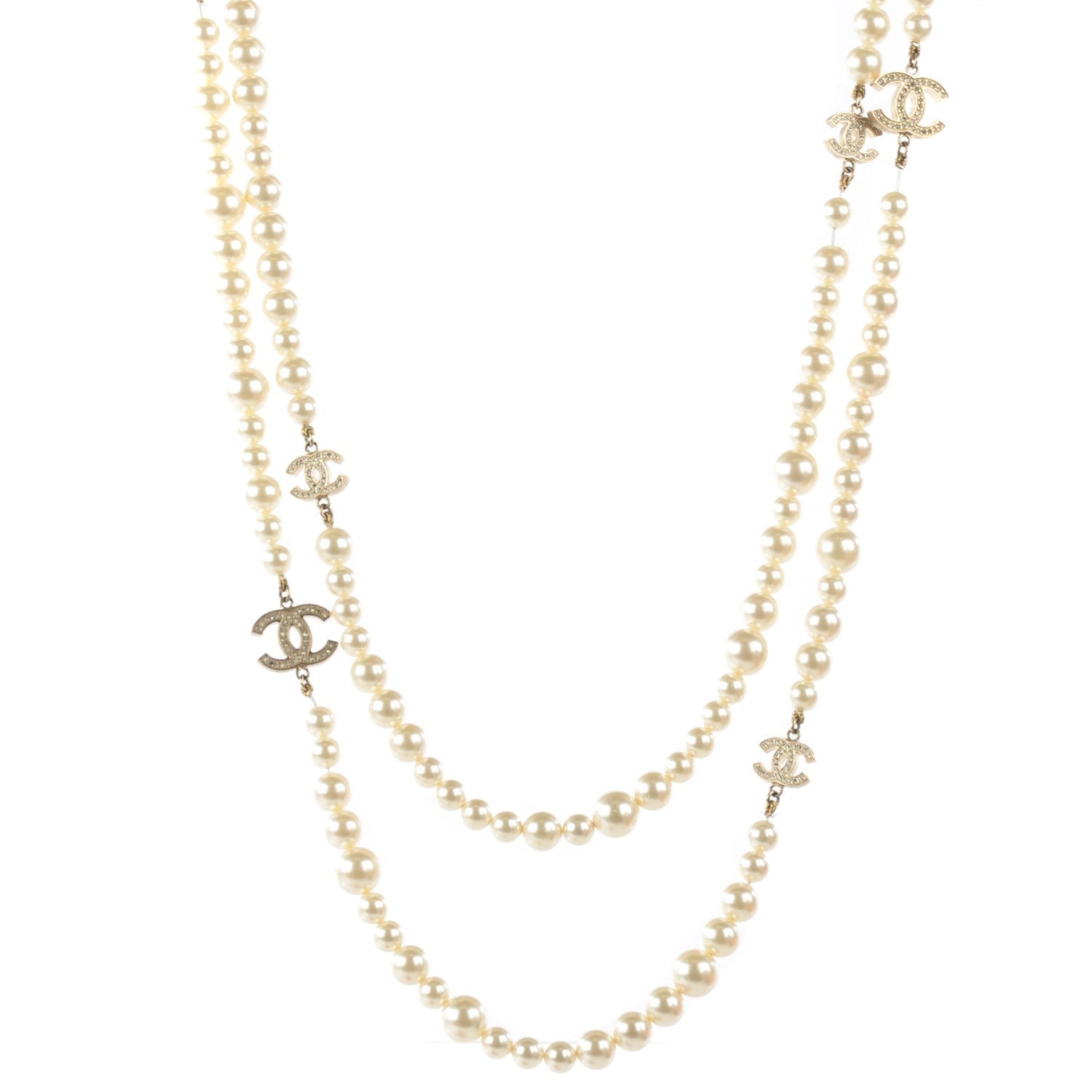 Chanel Pearl Crystal CC Double Strand Necklace Silver 1 of 7
