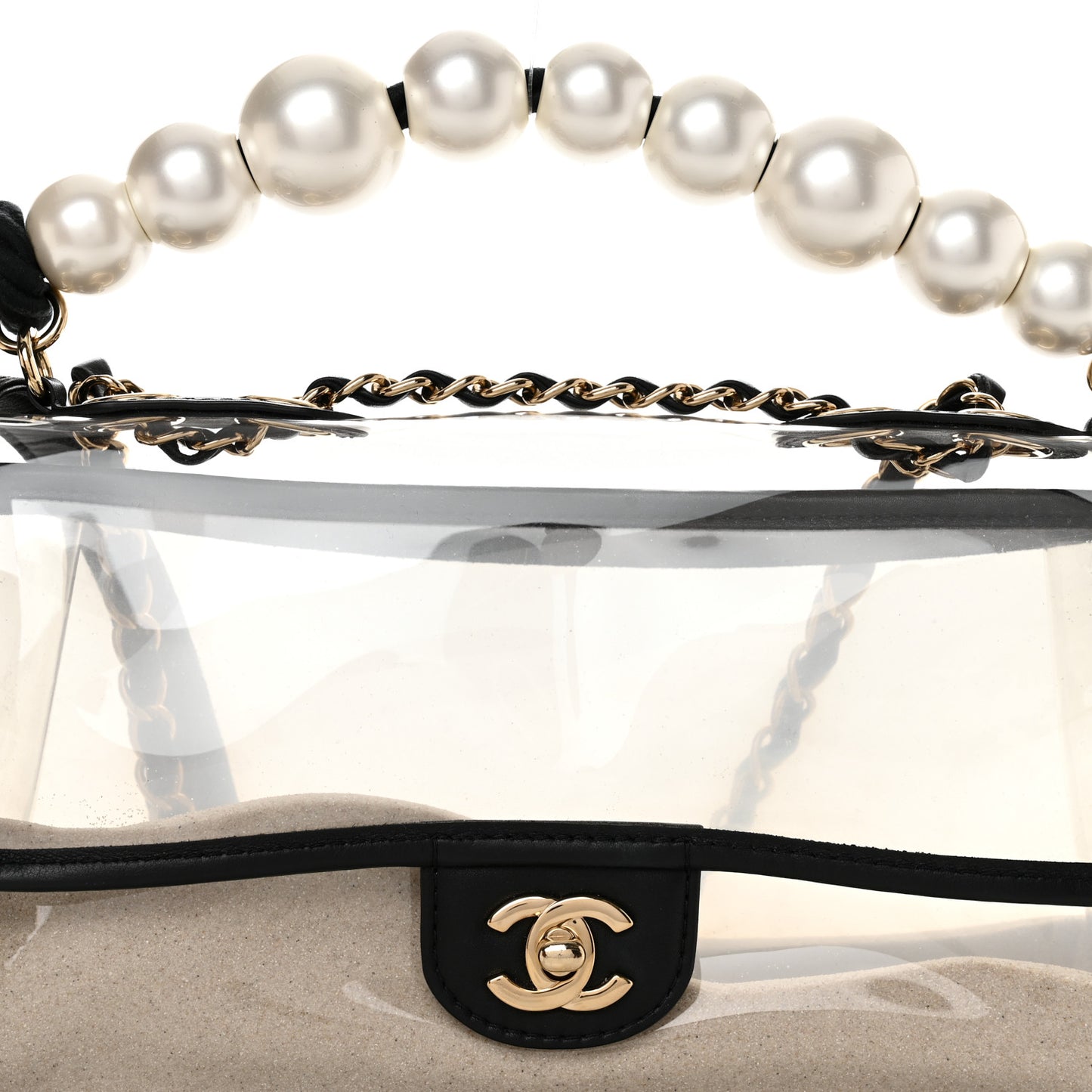 Lambskin PVC Sand By The Sea Flap With Pearl Strap Black