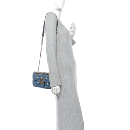 Gucci Denim Matelasse Pearl Studded Mini GG Marmont Shoulder Bag Blue 2 of 10