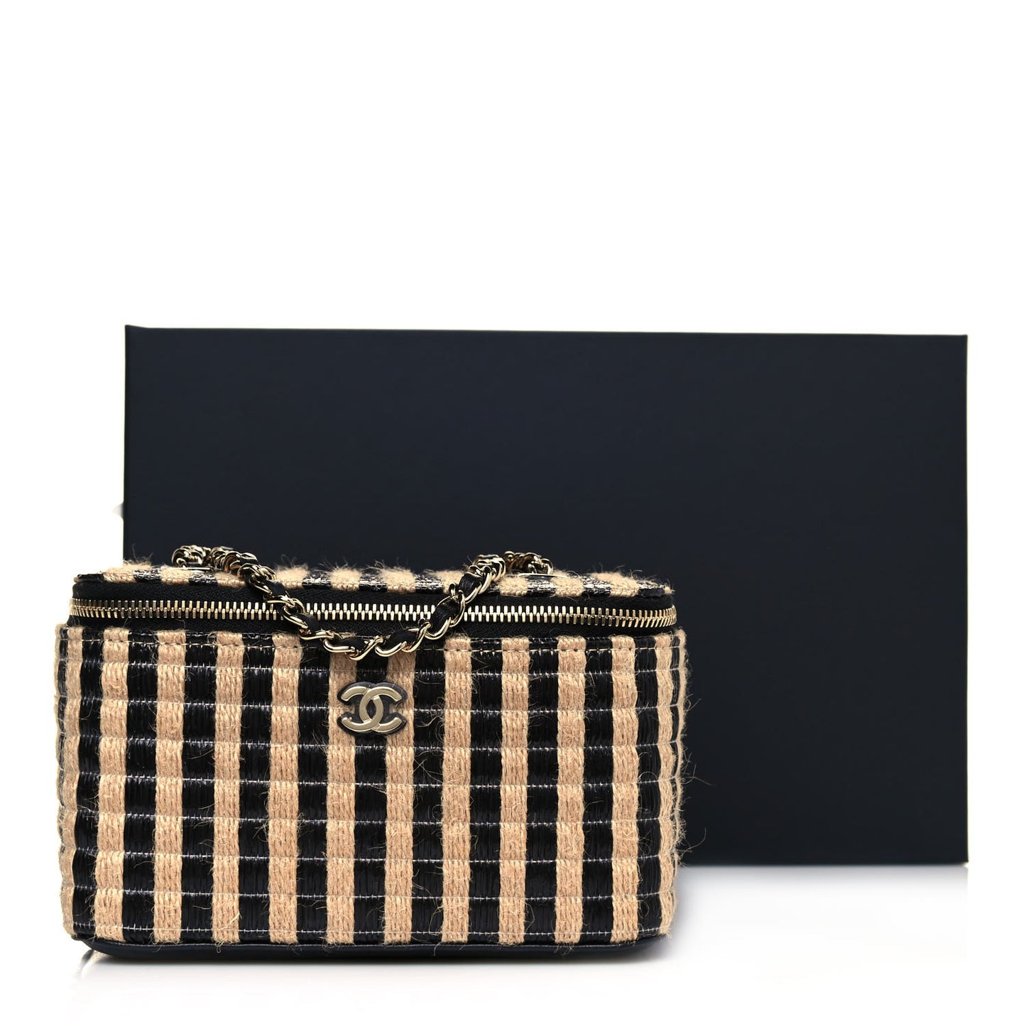 Raffia Jute Striped Small Vanity Case With Chain Black Beige