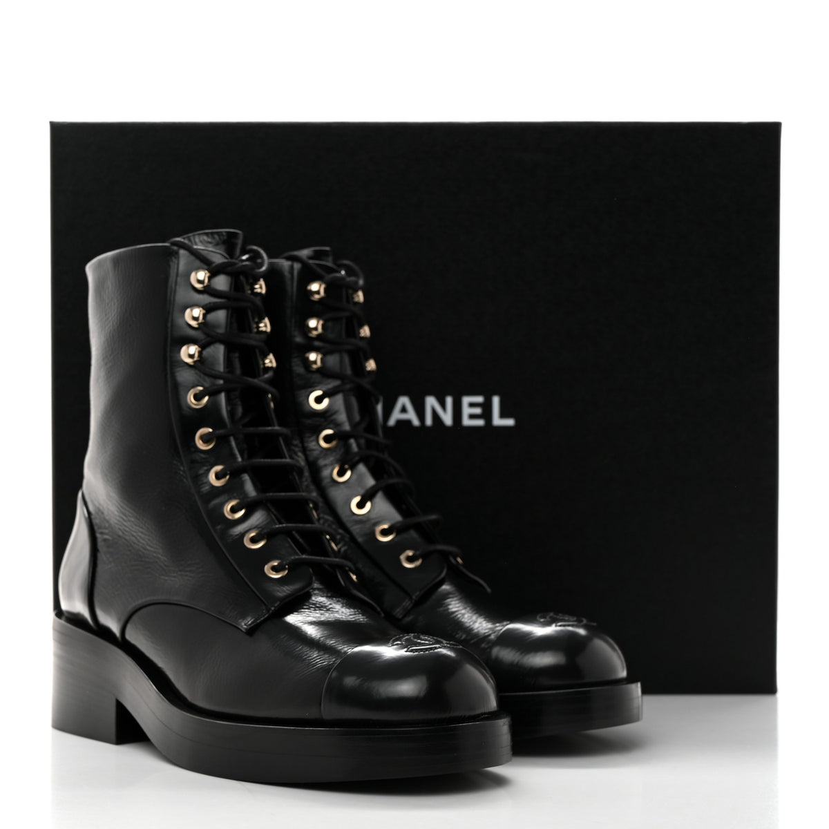 Shiny Goatskin Cap Toe Combat Boots 39 Black Dark Grey