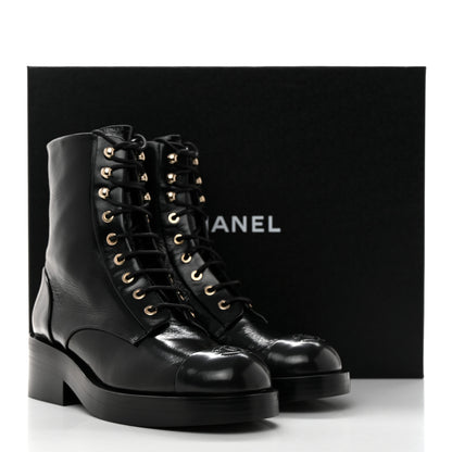 Chanel Shiny Goatskin Cap Toe Combat Boots 39 Black Dark Grey 9 of 9