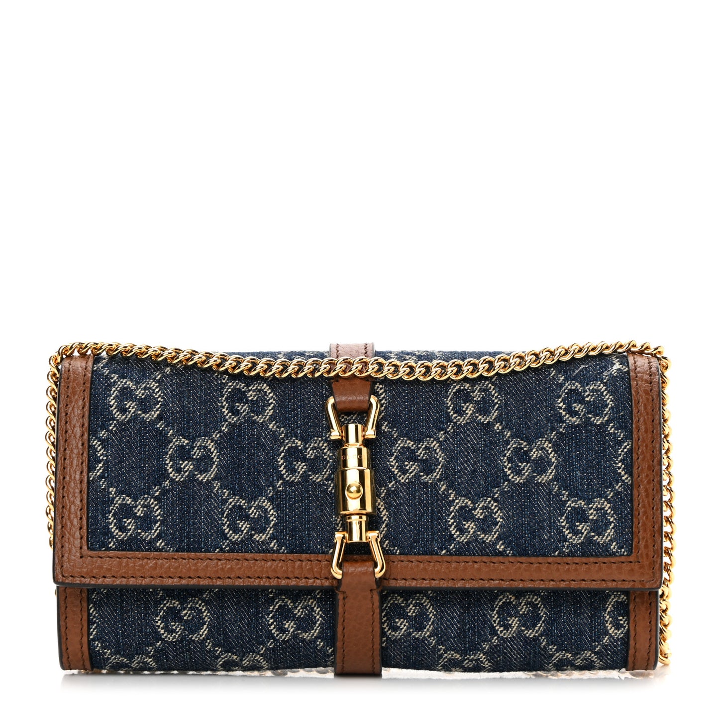 New Denim GG Monogram Jackie 1961 Chain Wallet Blue Tea Cuir