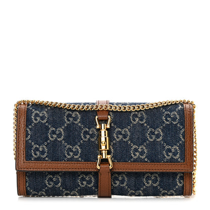Gucci New Denim GG Monogram Jackie 1961 Chain Wallet Blue Tea Cuir 1 of 11