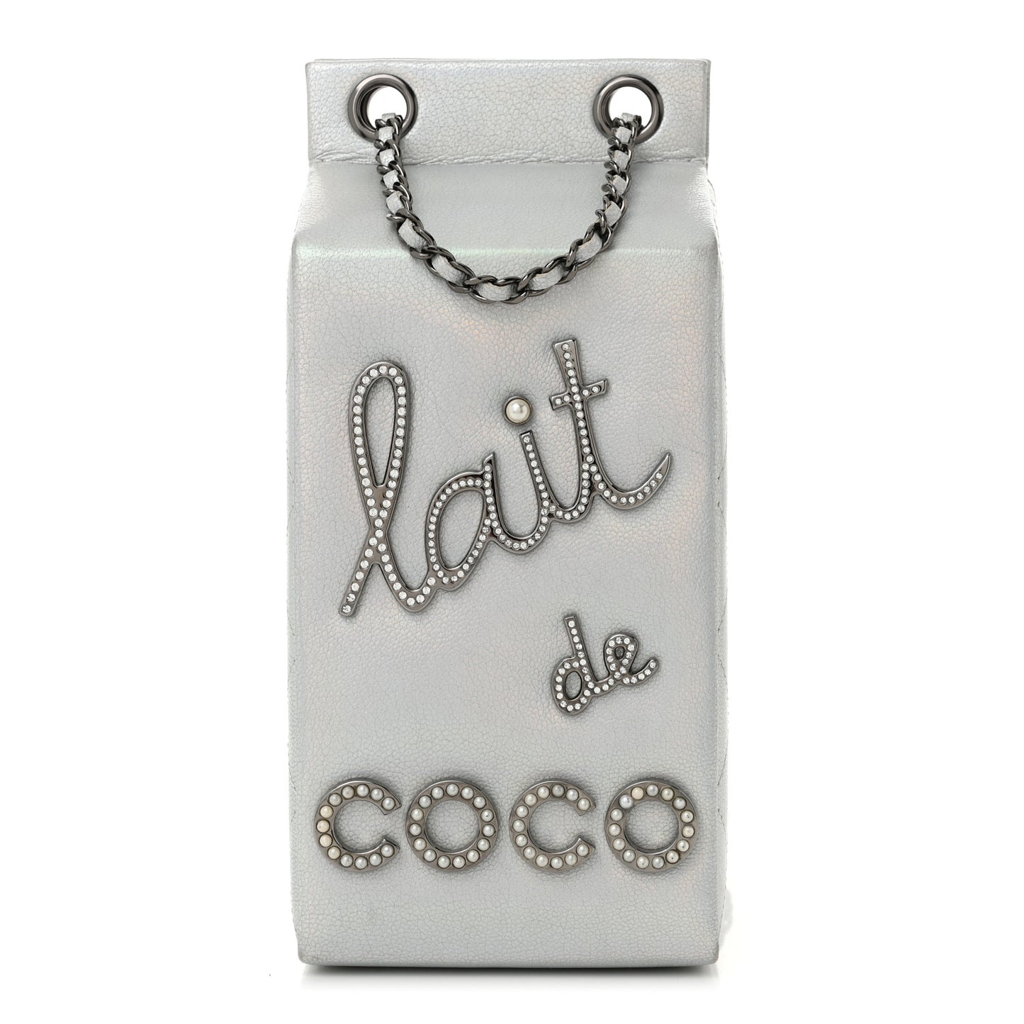 Metallic Goatskin Lait de Coco Milk Carton Bag Silver