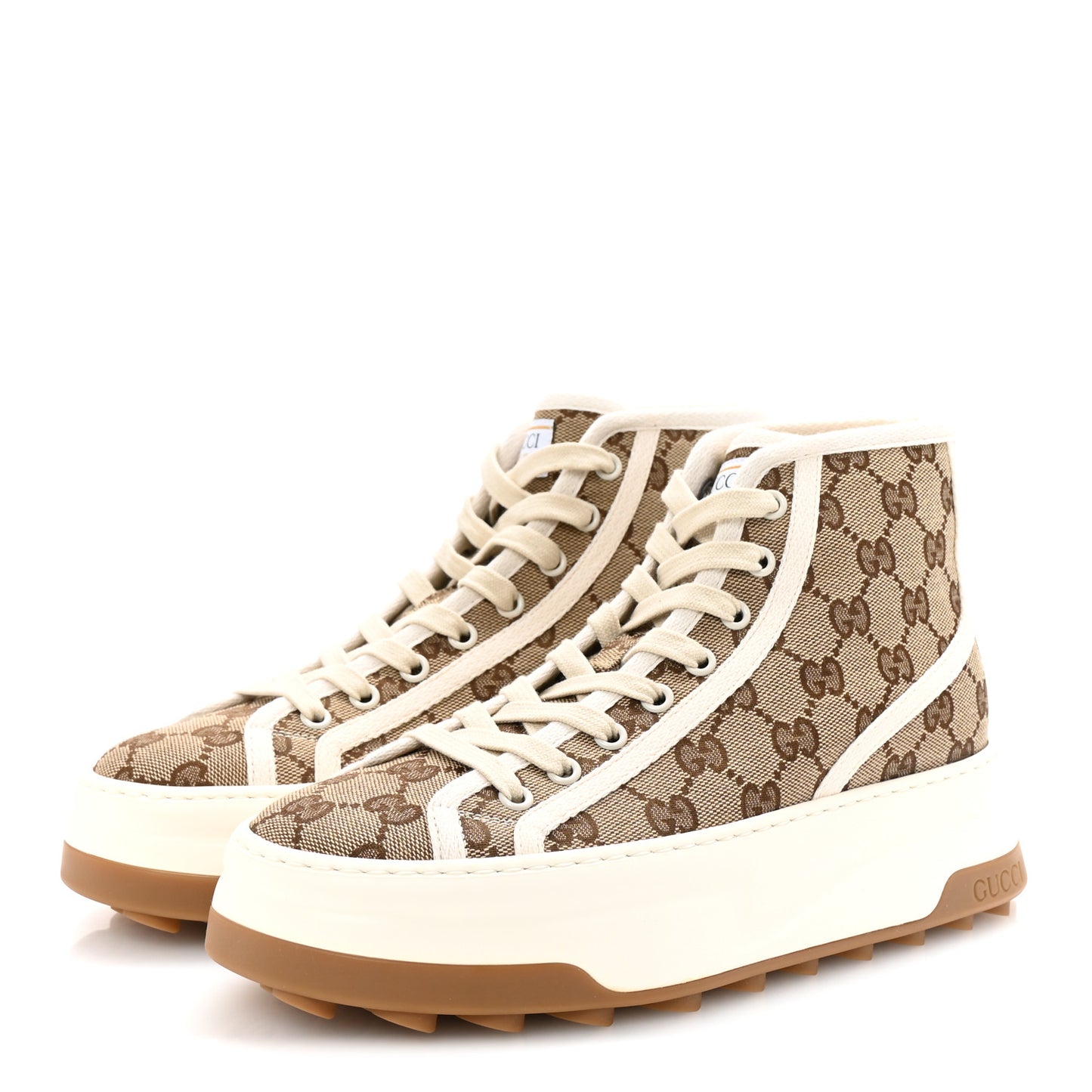 New Canvas GG Monogram Womens Tennis 1977 High Top 55mm Platform Sneakers 37.5 Beige Ebony Mystic White