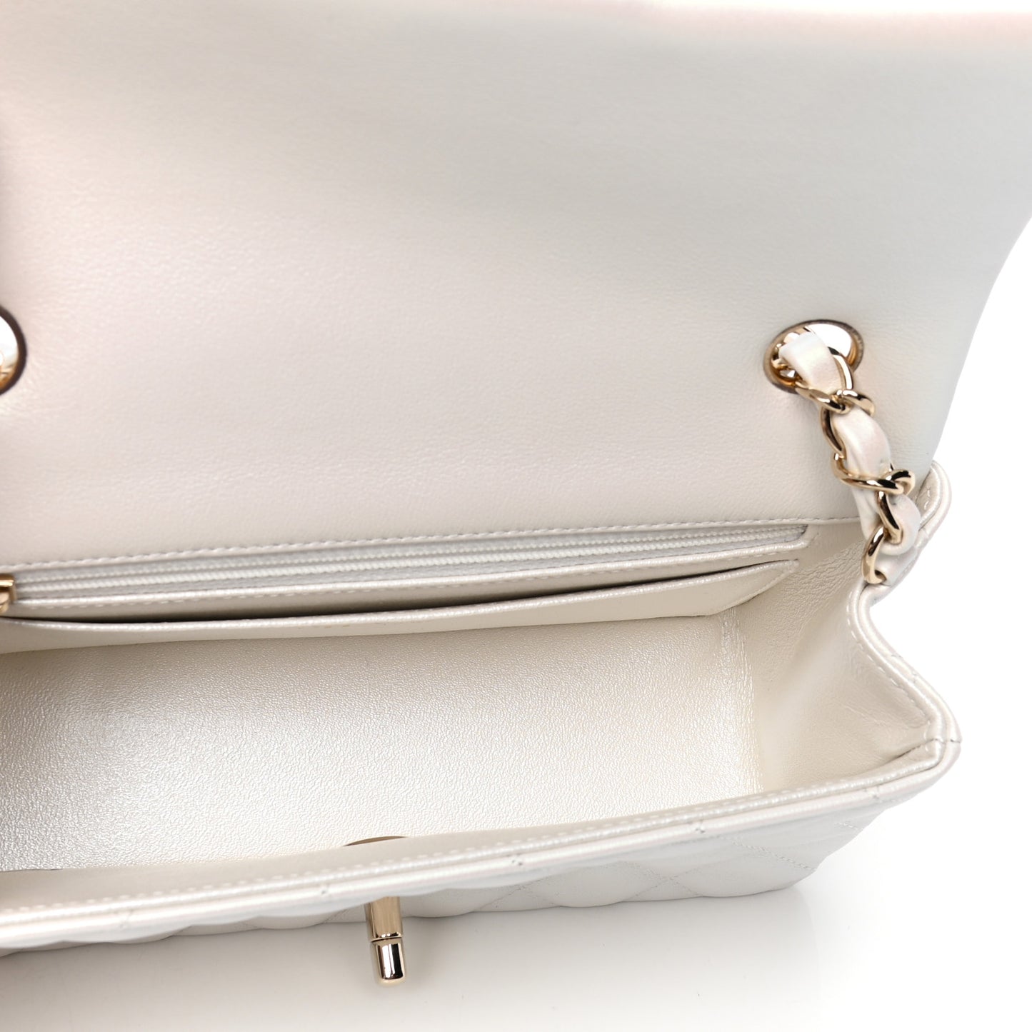 Iridescent Calfskin Quilted Mini Rectangular Flap White