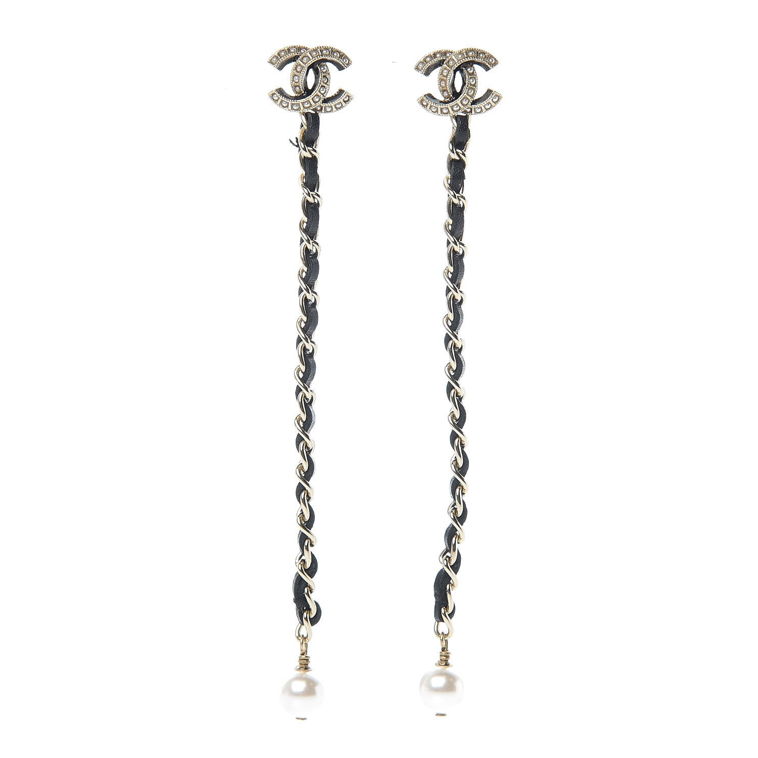 Chanel Pearl Calfskin Chain Long Earrings Gold Black 1 of 5
