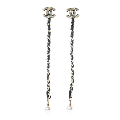 Chanel Pearl Calfskin Chain Long Earrings Gold Black 1 of 5