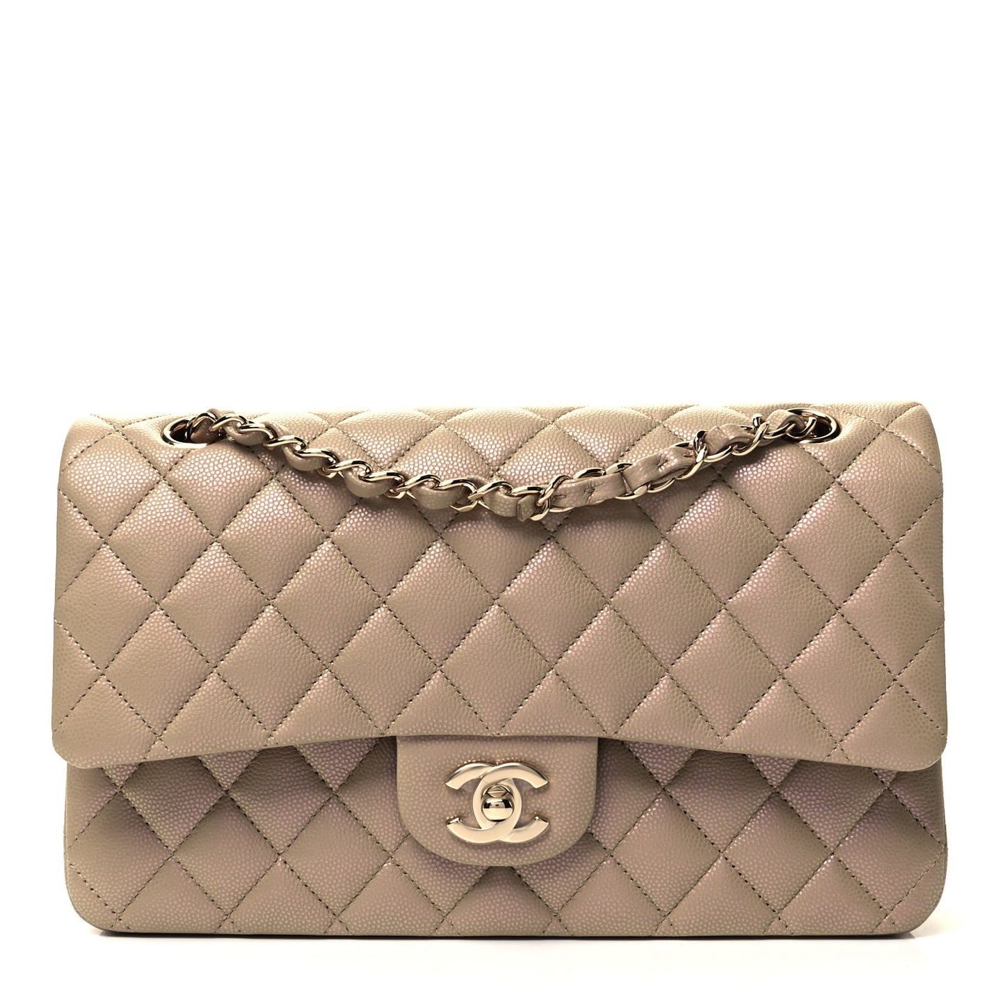 Iridescent Caviar Quilted Medium Double Flap Dark Beige