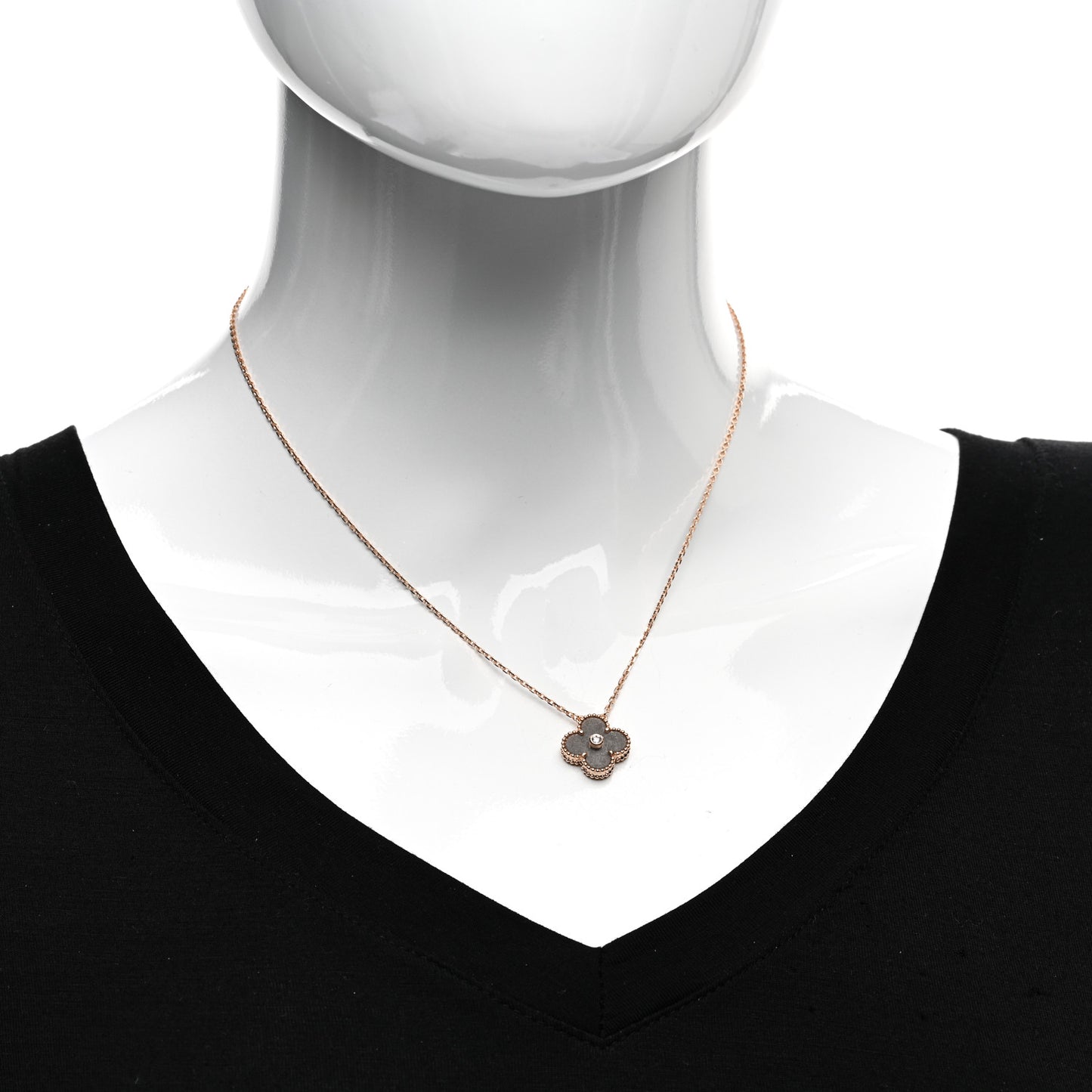 18K Rose Gold Diamond Silver Obsidian Vintage Alhambra Pendant Necklace