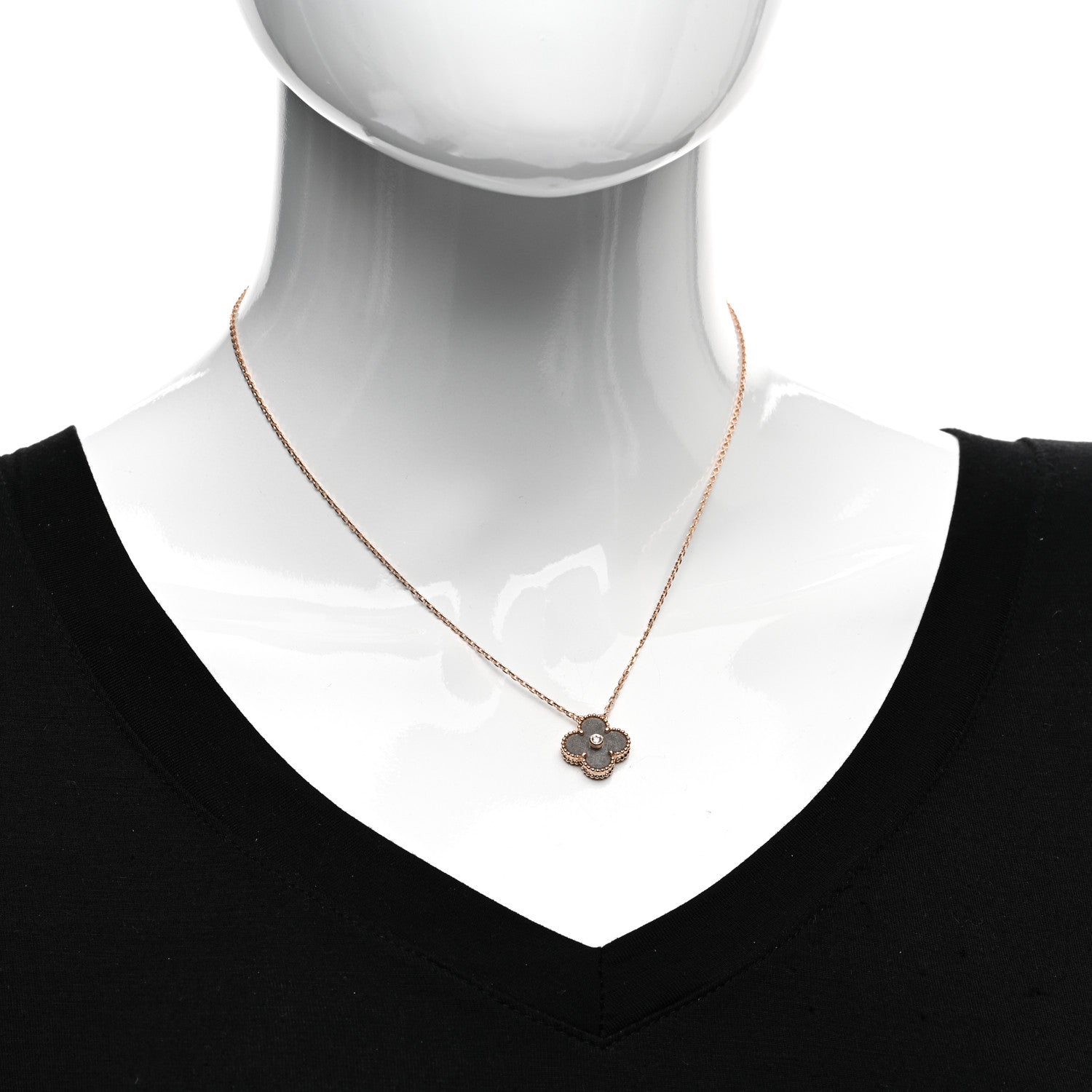 Van Cleef & Arpels 18K Rose Gold Diamond Silver Obsidian Vintage Alhambra Pendant Necklace 2 of 5