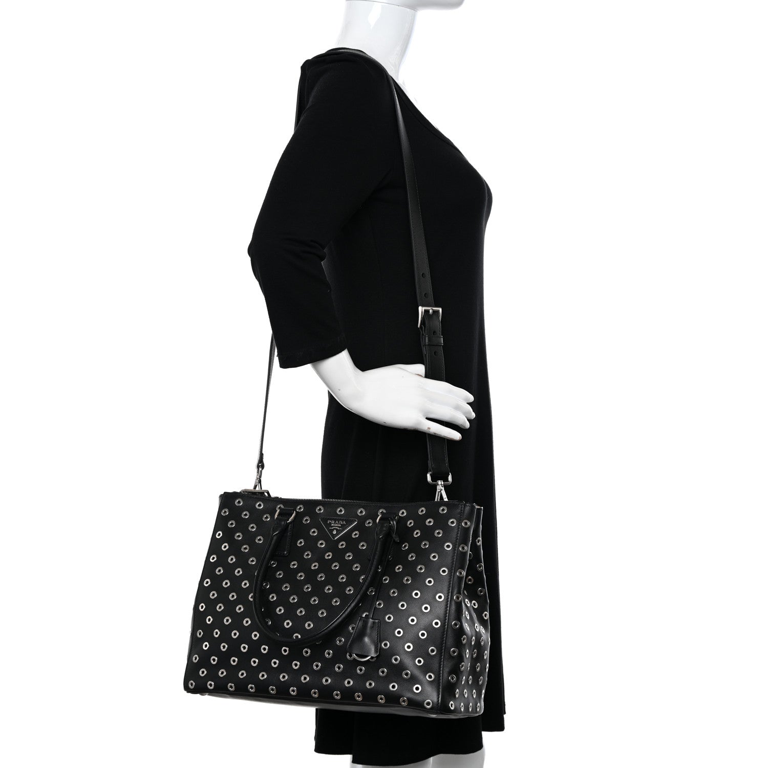 Prada City Calf Grommet Large Double Zip Tote Black 2 of 12
