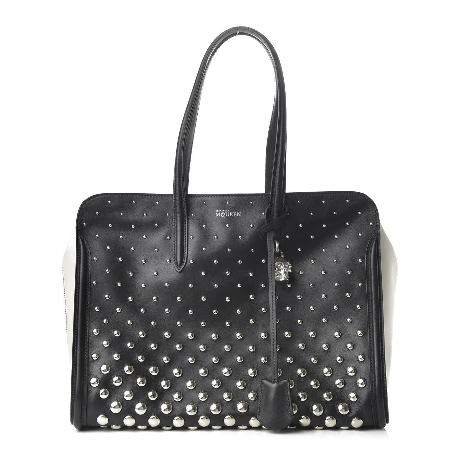 Calfskin Large Studded Padlock Zip Around Tote Black White