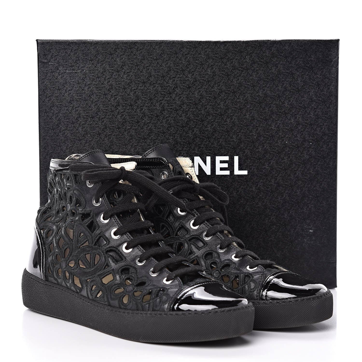 Chanel Patent Grained Goatskin Hollow Out Flower Sneakers 40.5 Black 7 of 7