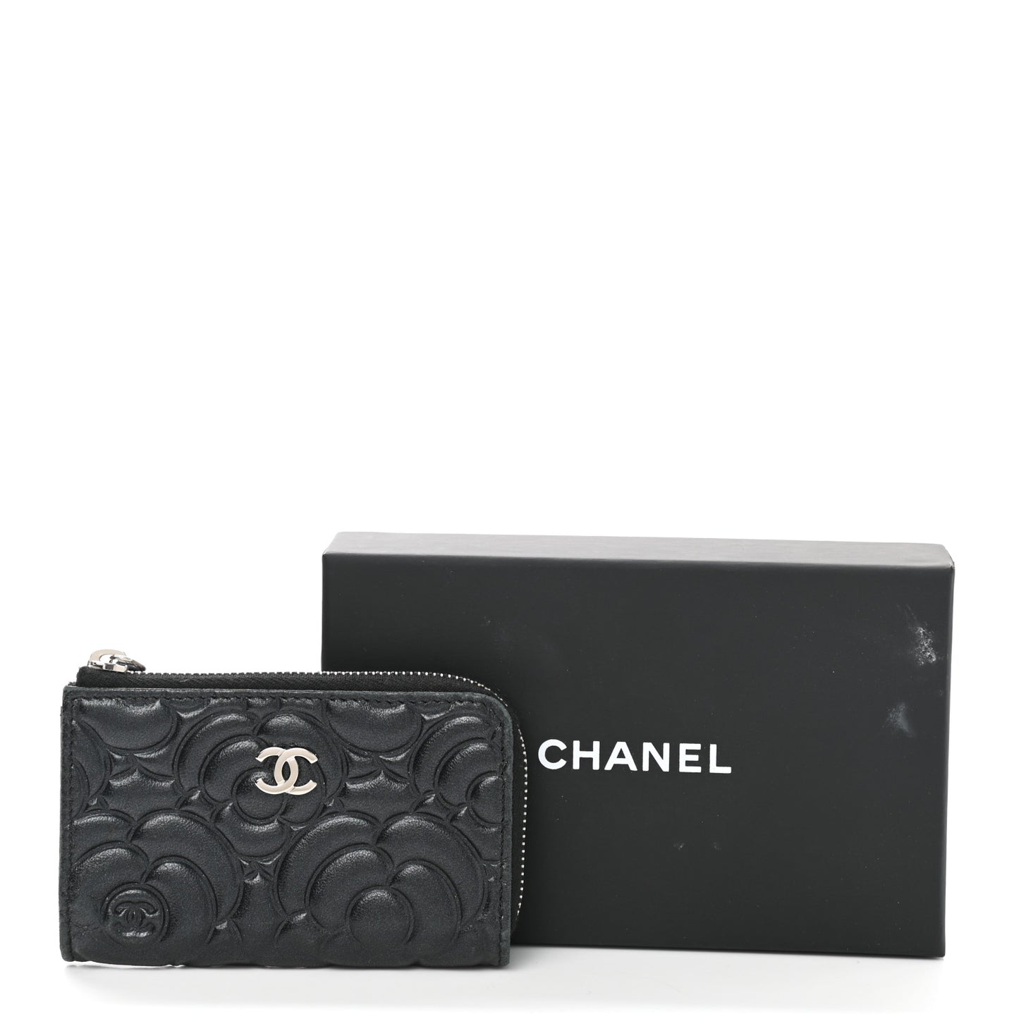 Lambskin Camellia Embossed Key Holder Case Black