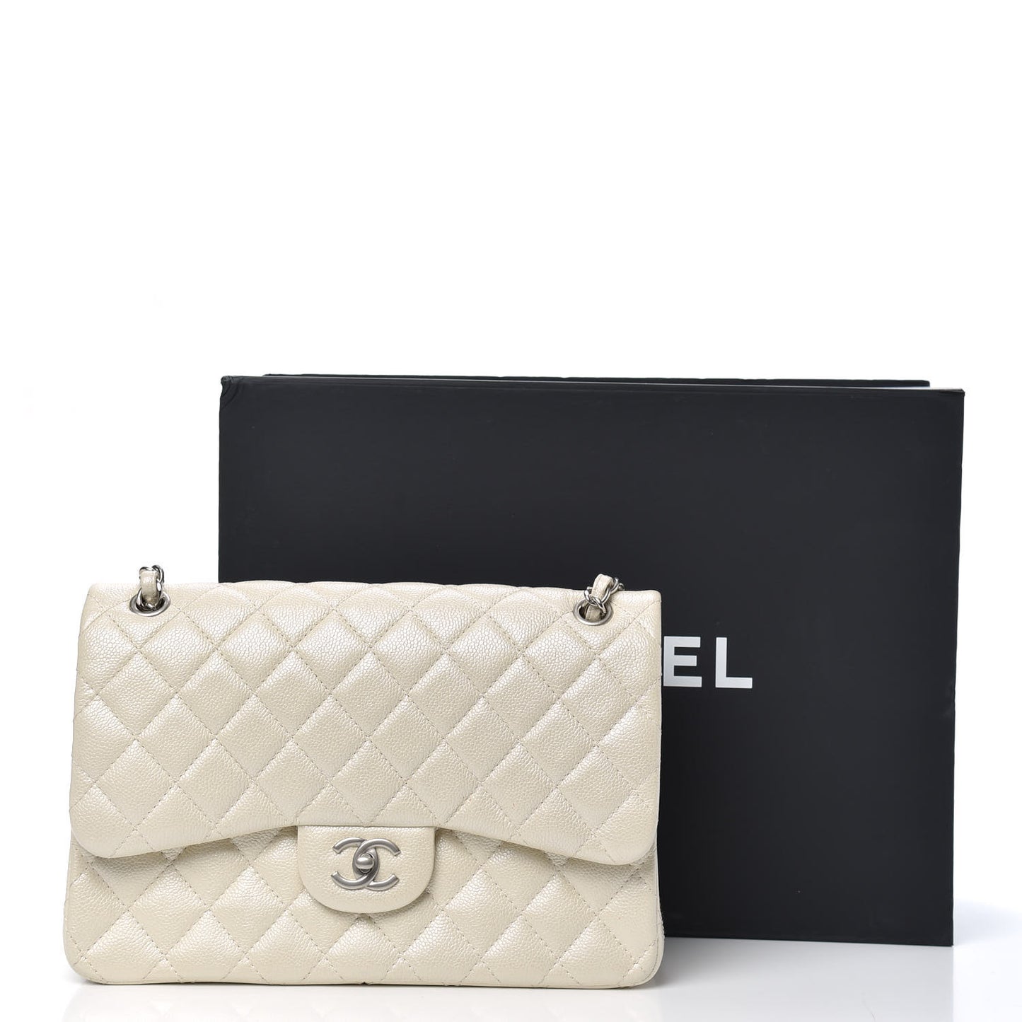 Pearly Caviar Quilted Jumbo Double Flap Dark White