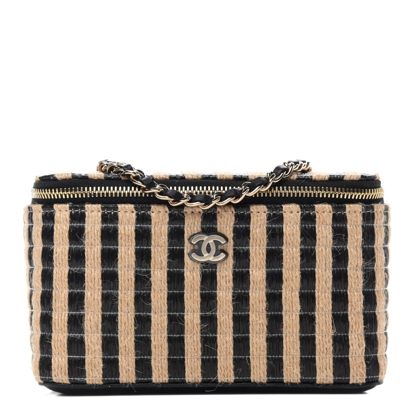 Raffia Jute Striped Small Vanity Case With Chain Black Beige