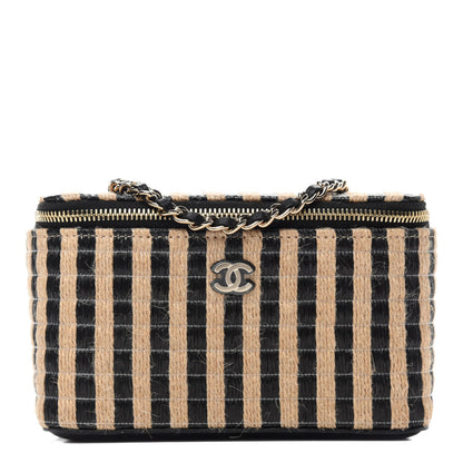 Chanel Raffia Jute Striped Small Vanity Case With Chain Black Beige 1 of 11