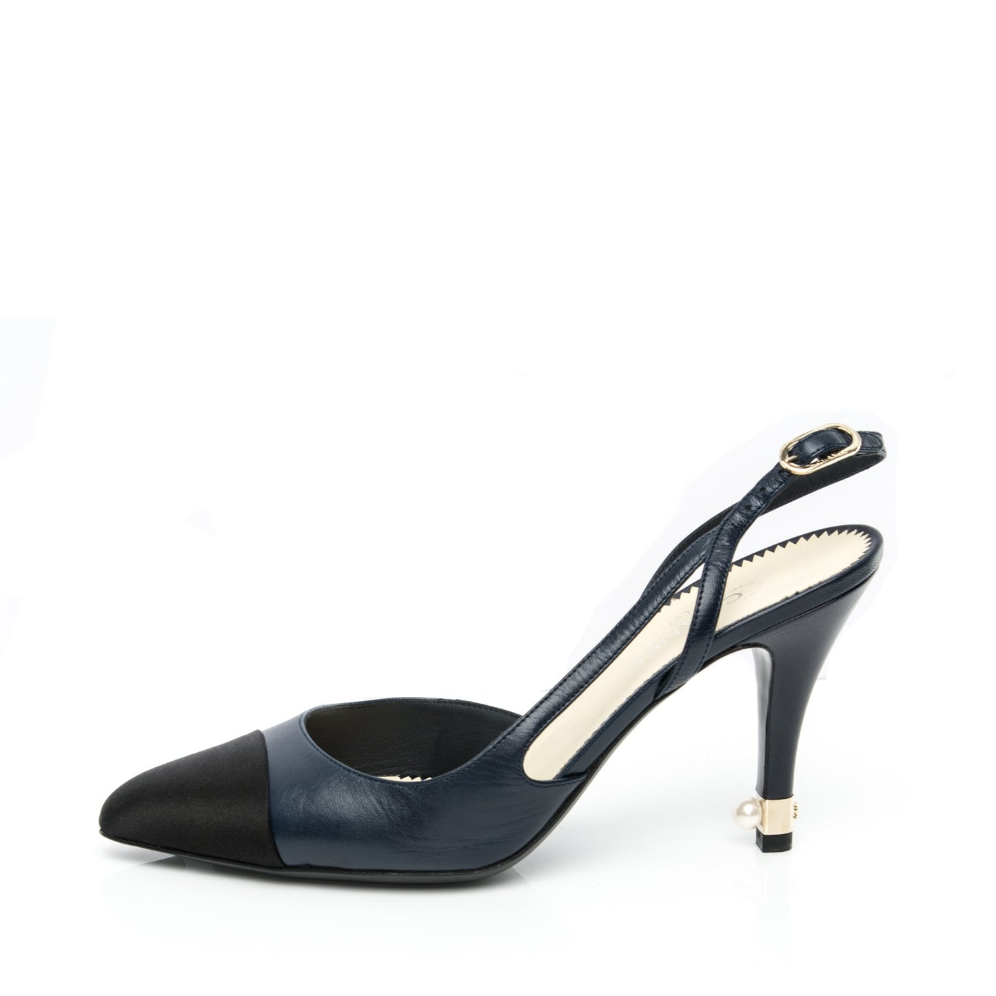 Lambskin Satin Cap Toe CC Slingback Heels 38 Navy Black