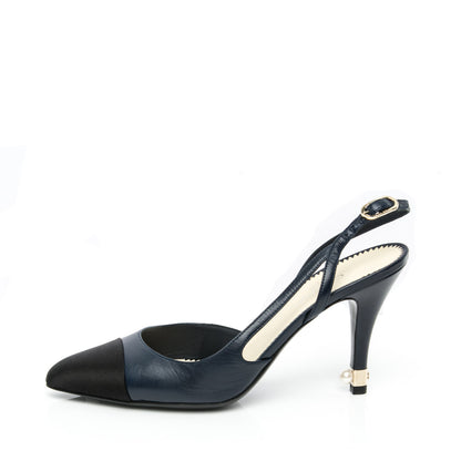 Chanel Lambskin Satin Cap Toe CC Slingback Heels 38 Navy Black 1 of 7