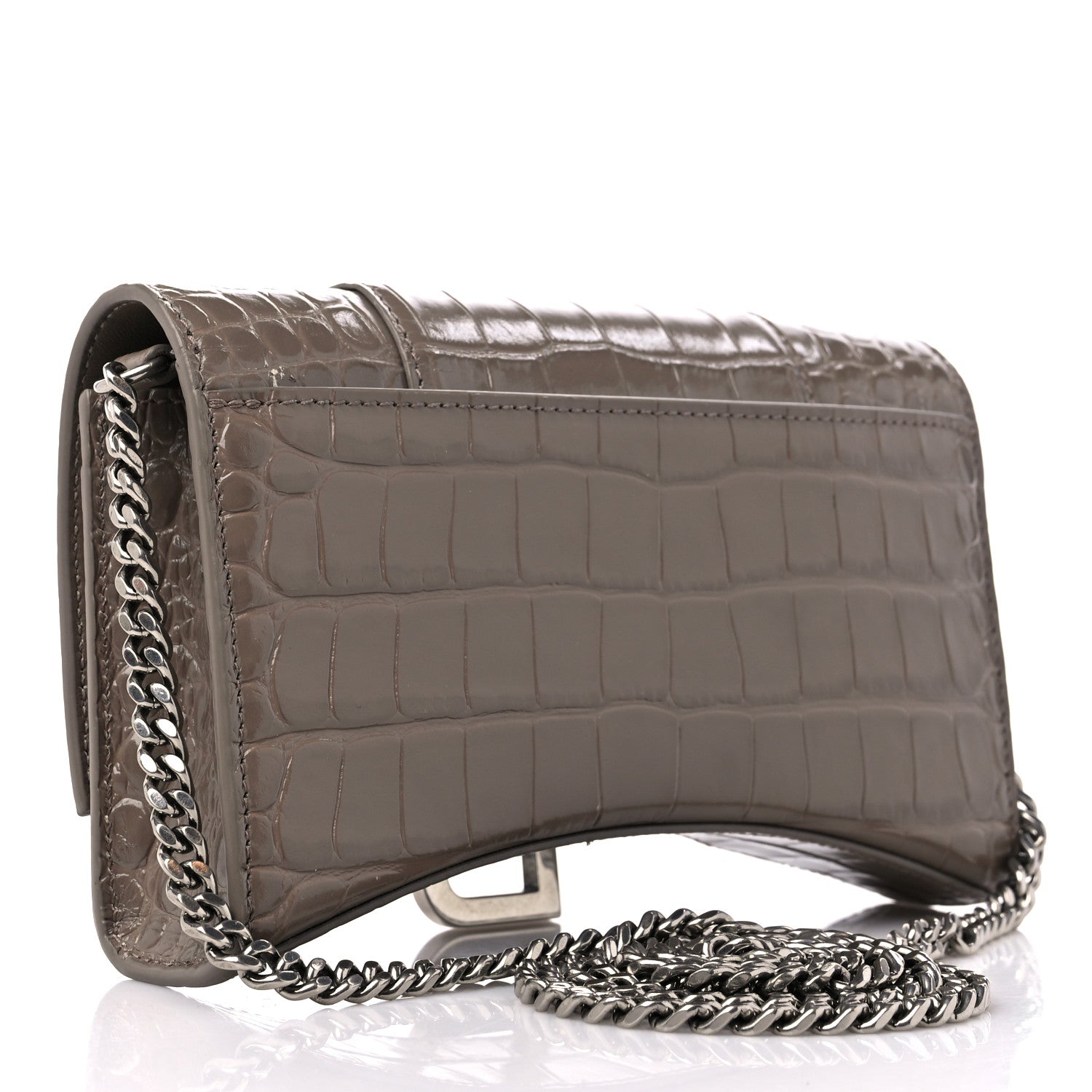 Balenciaga Shiny Calfskin Crocodile Embossed Hourglass Chain Bag Taupe 3 of 12