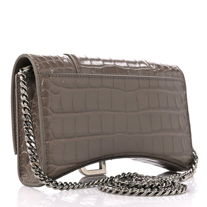 Balenciaga Shiny Calfskin Crocodile Embossed Hourglass Chain Bag Taupe 3 of 12