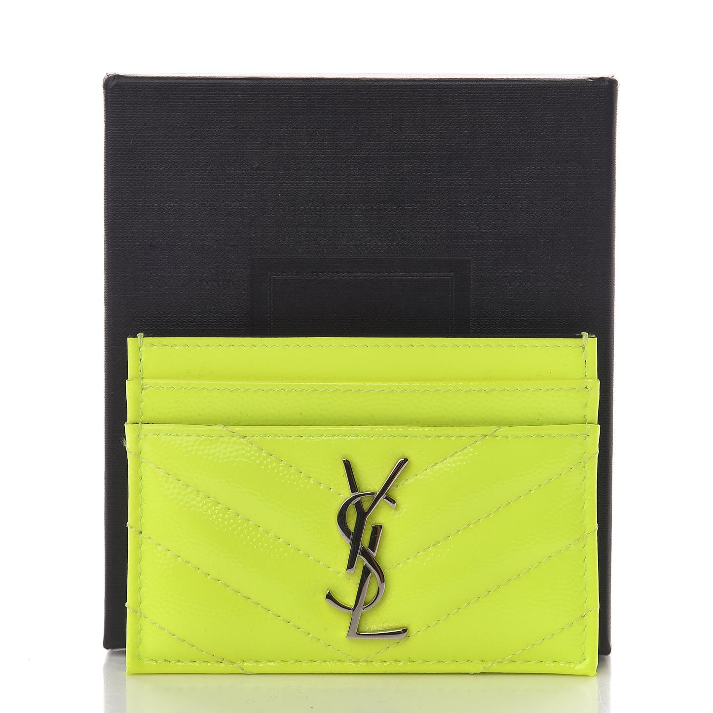 Patent Grain De Poudre Matelasse Chevron Monogram Credit Card Case Neon Yellow