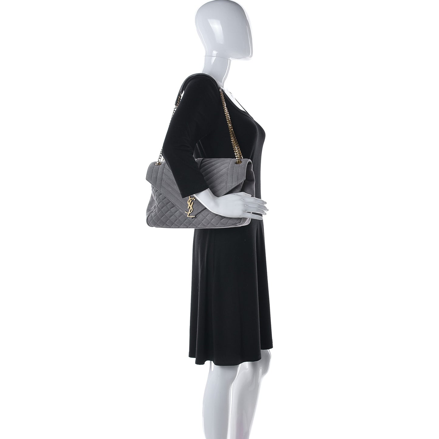 Suede Mixed Matelasse Tri-Quilt Large Monogram Envelope Satchel Grey