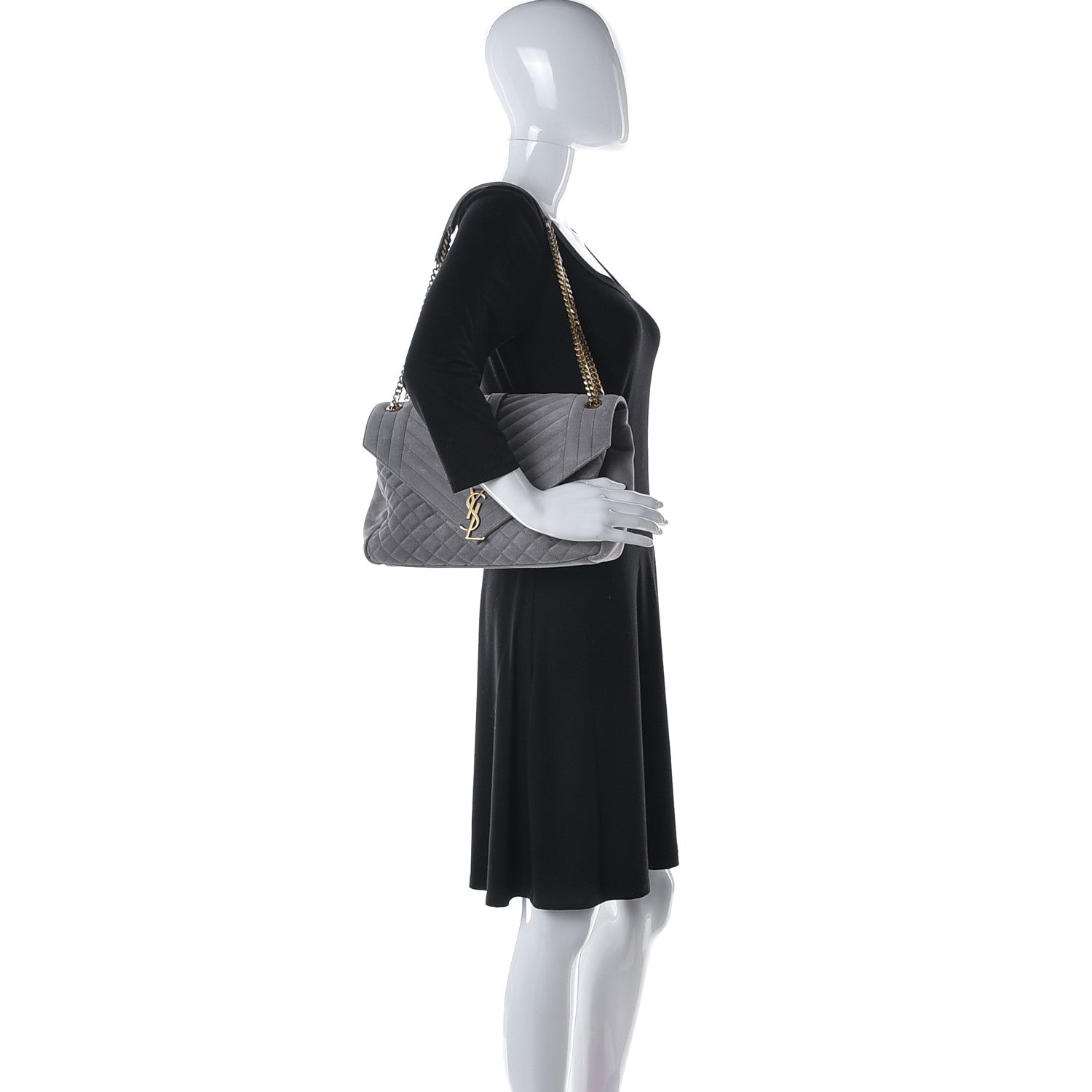 Saint Laurent Suede Mixed Matelasse Tri-Quilt Large Monogram Envelope Satchel Grey 3 of 13