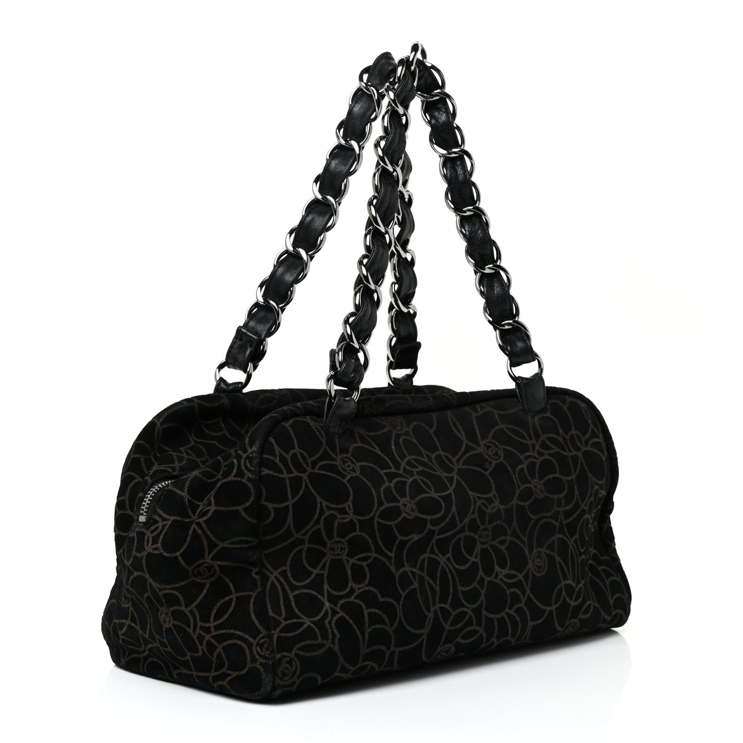 Velvet Camellia Embossed Shoulder Bag Black