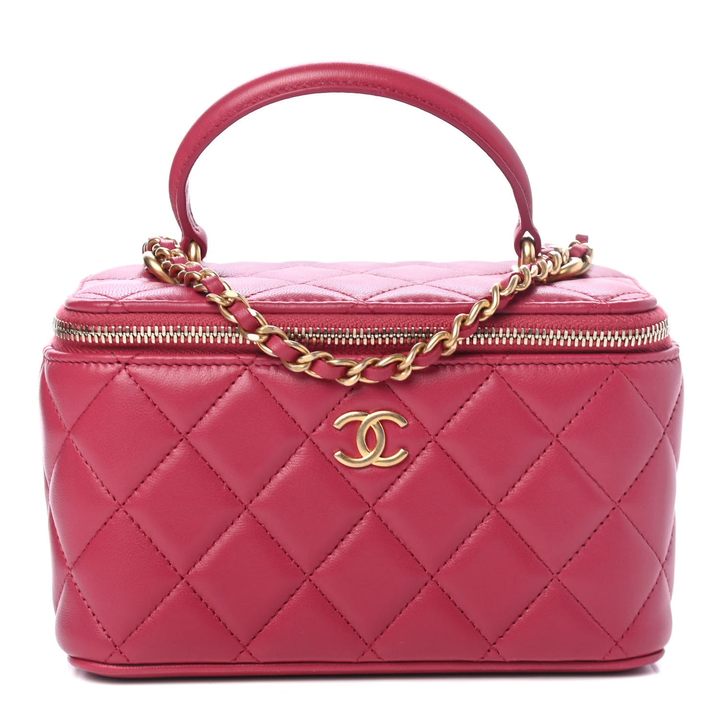 Lambskin Quilted Small Top Handle Vanity Case With Chain Dark Pink