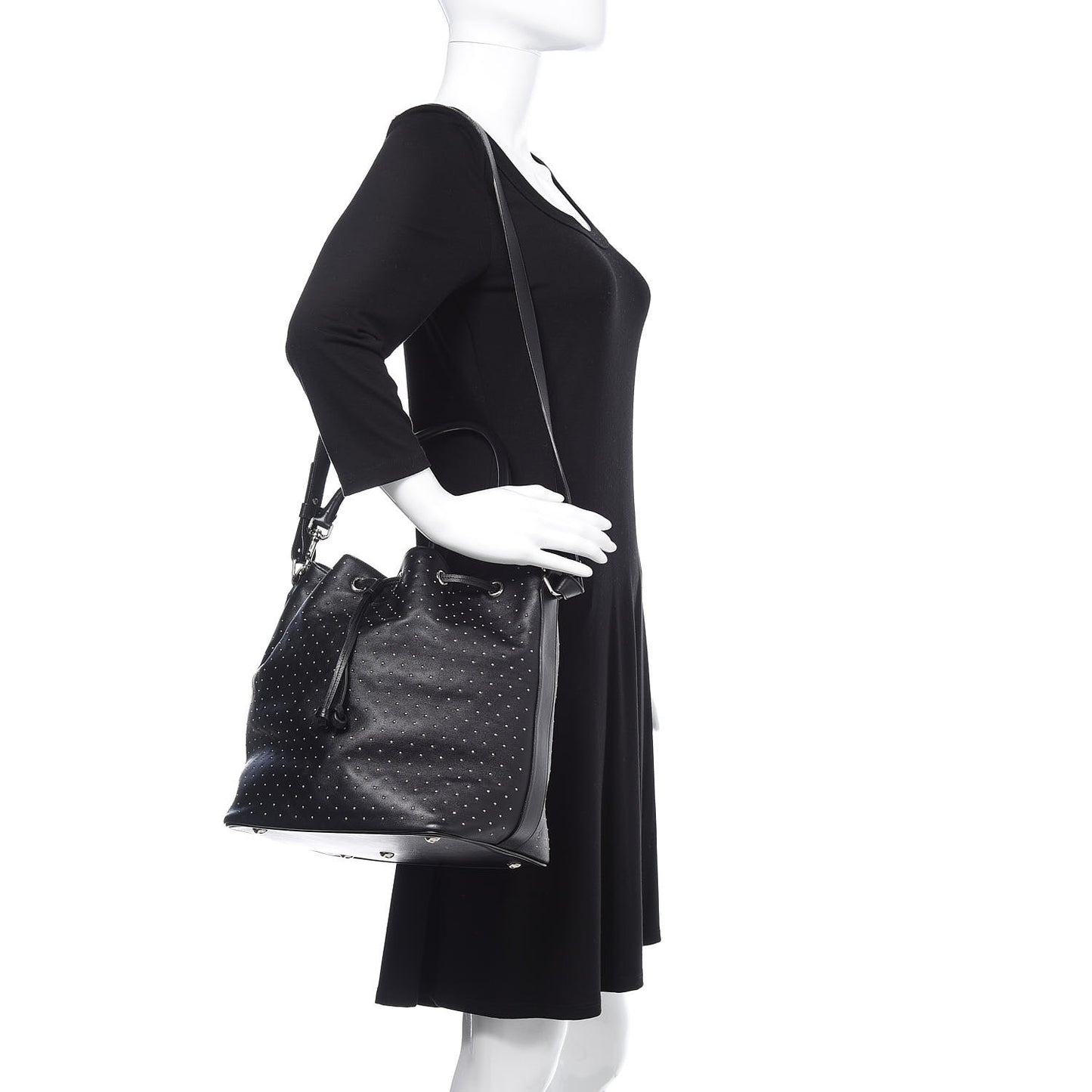 Calfskin Studded Medium Emmanuelle Bucket Bag Black