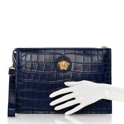 Versace Calfskin Crocodile Embossed La Medusa Pouch Blue 2 of 6