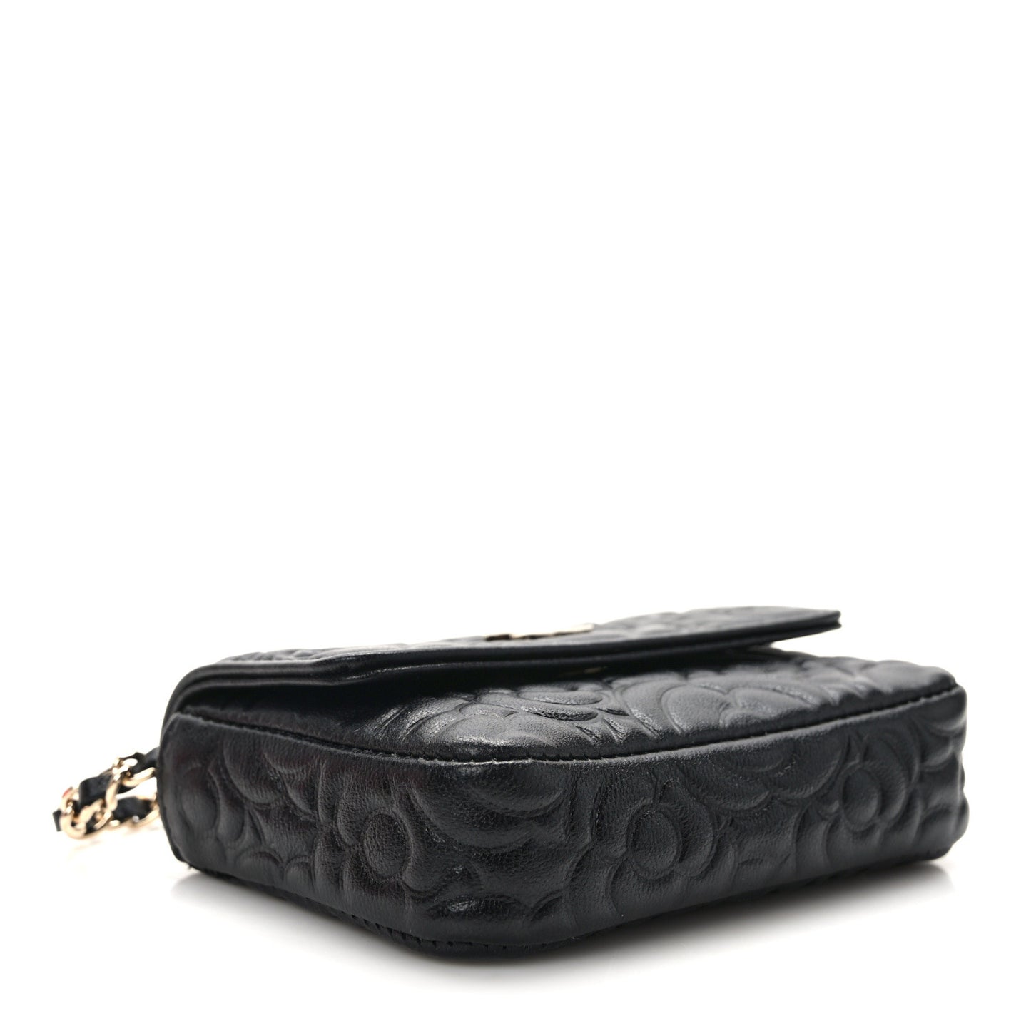 Lambskin Camellia Embossed Chain Belt Bag Black