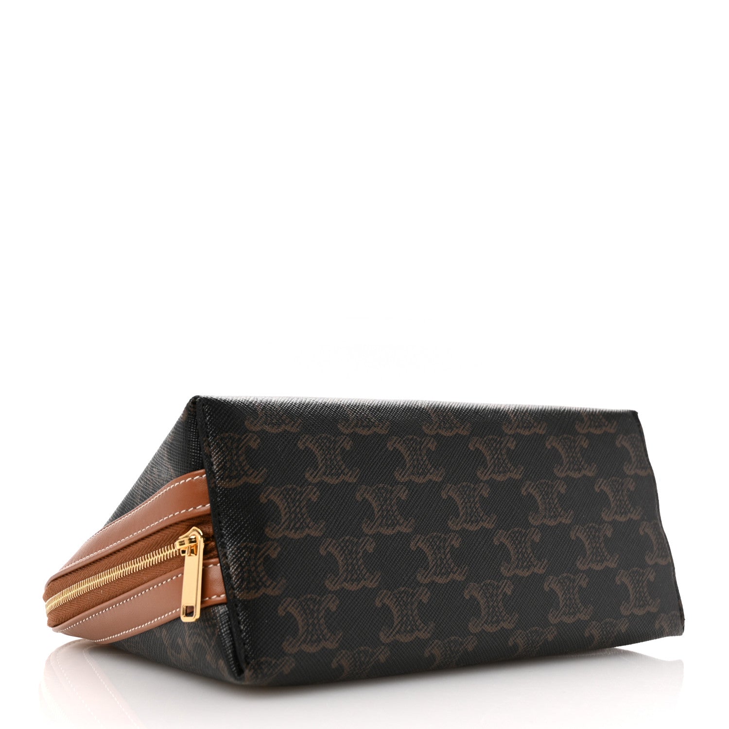 Celine Triomphe Canvas Calfskin Medium Cosmetic Pouch Tan 4 of 8