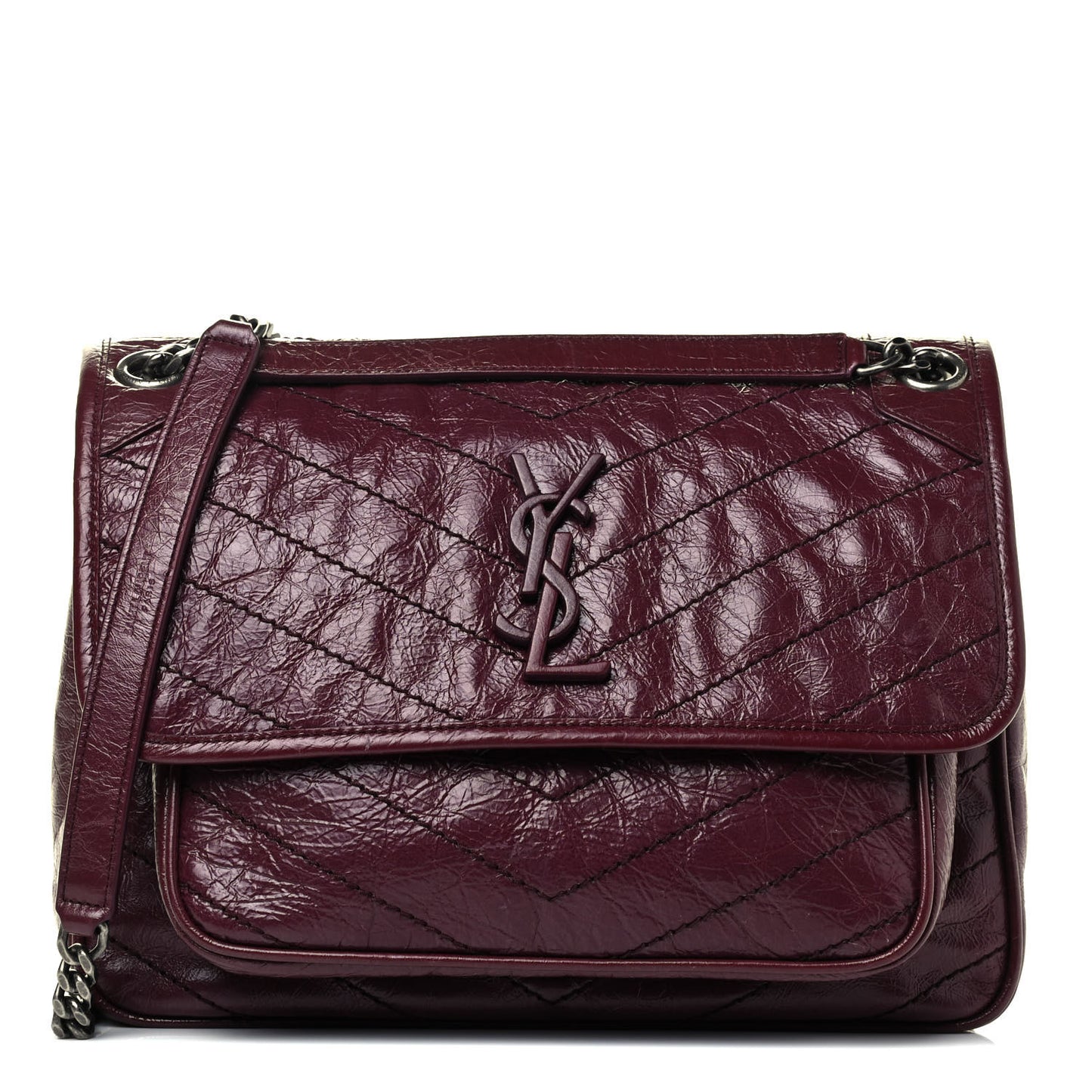 Crinkled Calfskin Matelasse Monogram Medium Niki Chain Satchel Burgundy