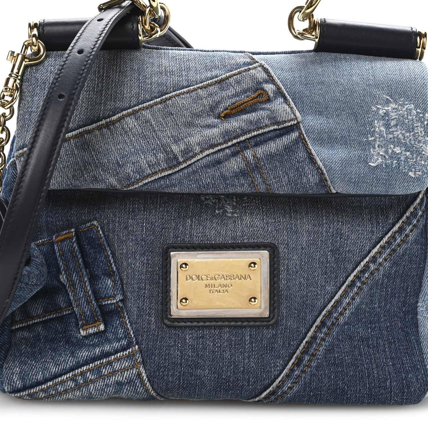 Dolce & Gabbana Calfskin Denim Patchwork Mini Miss Sicily Satchel Blue 8 of 11