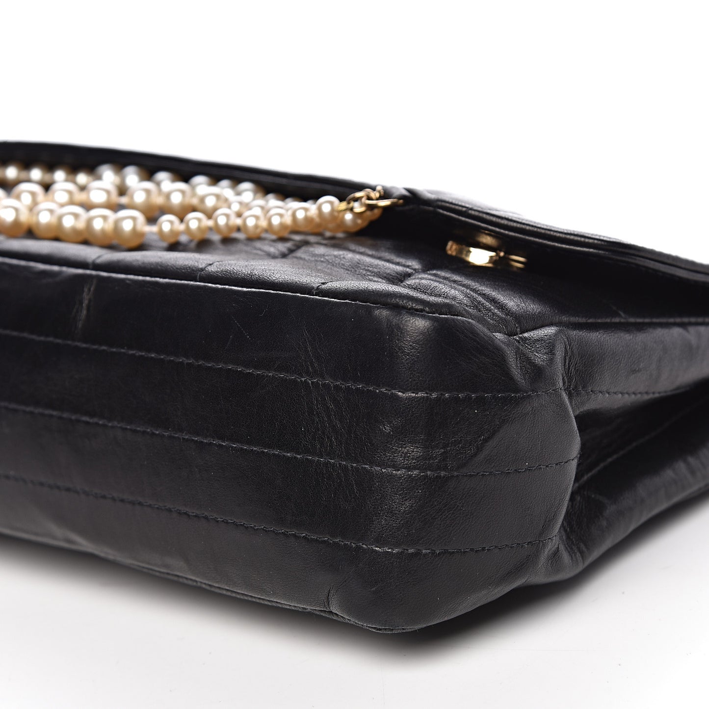 Lambskin Chocolate Bar Pearl Chain Flap Black