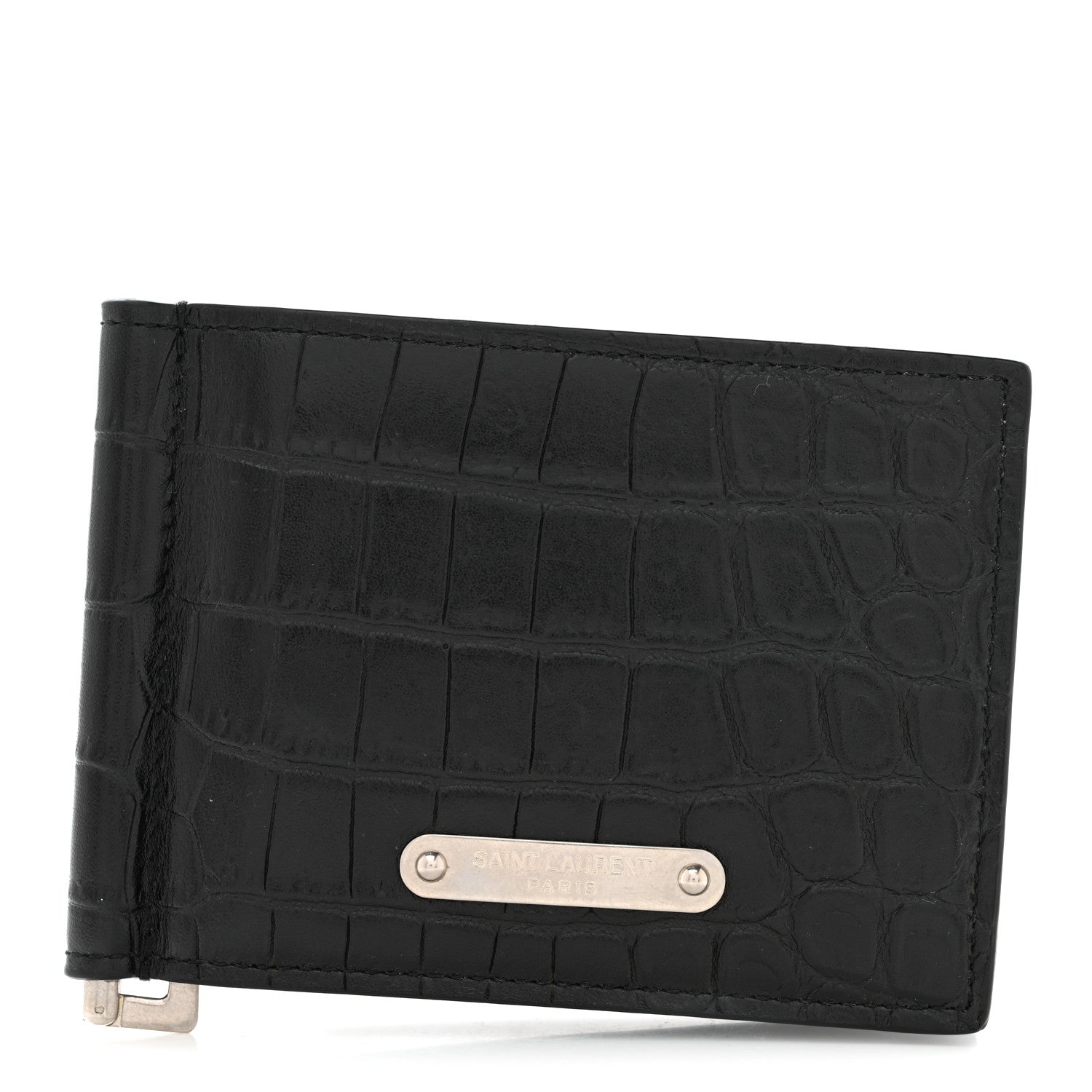Saint Laurent Calfskin Crocodile Embossed Bill Clip Card Case Black 1 of 7