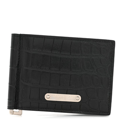 Saint Laurent Calfskin Crocodile Embossed Bill Clip Card Case Black 1 of 7