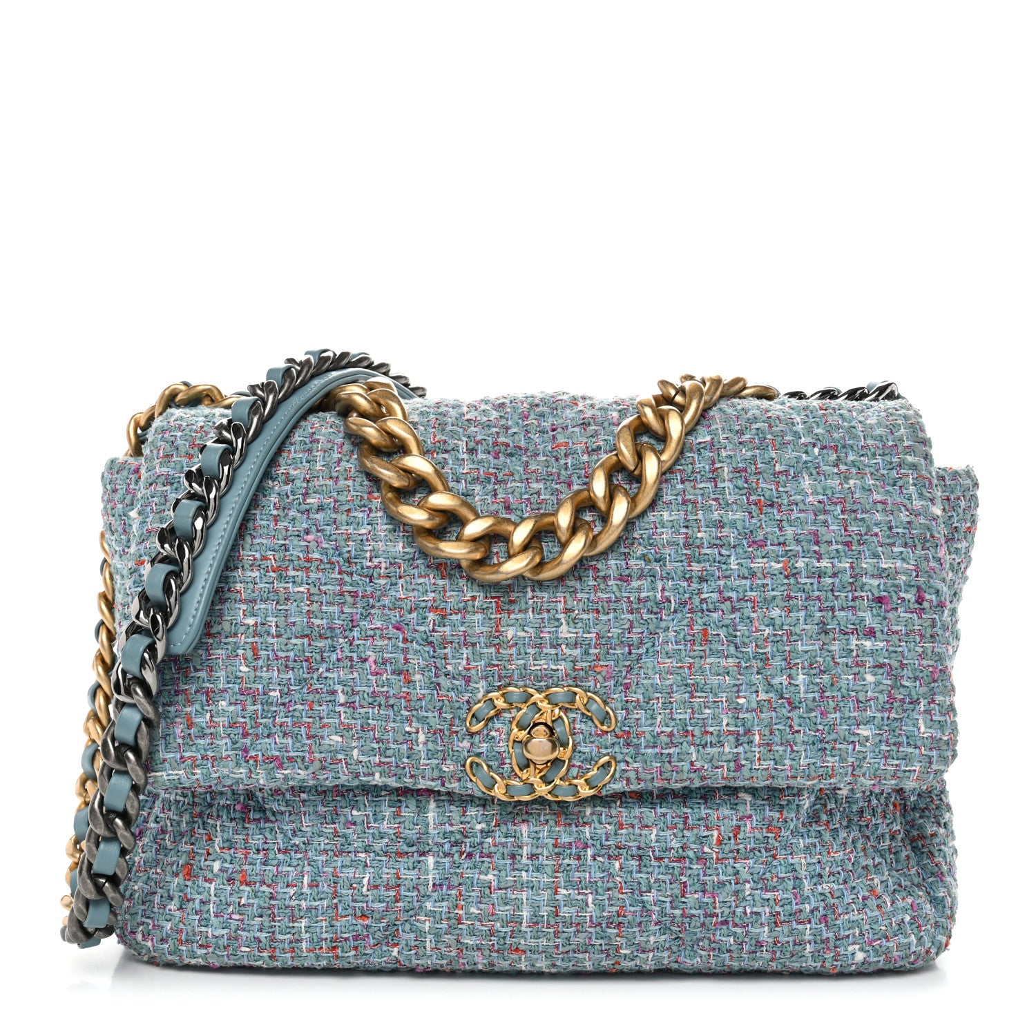 Chanel Tweed Quilted Large Chanel 19 Flap Blue Multicolor 1 of 12