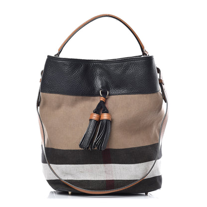 Burberry Grainy Calfskin Canvas Mega Check Medium Ashby Tassel Hobo Black 1 of 12
