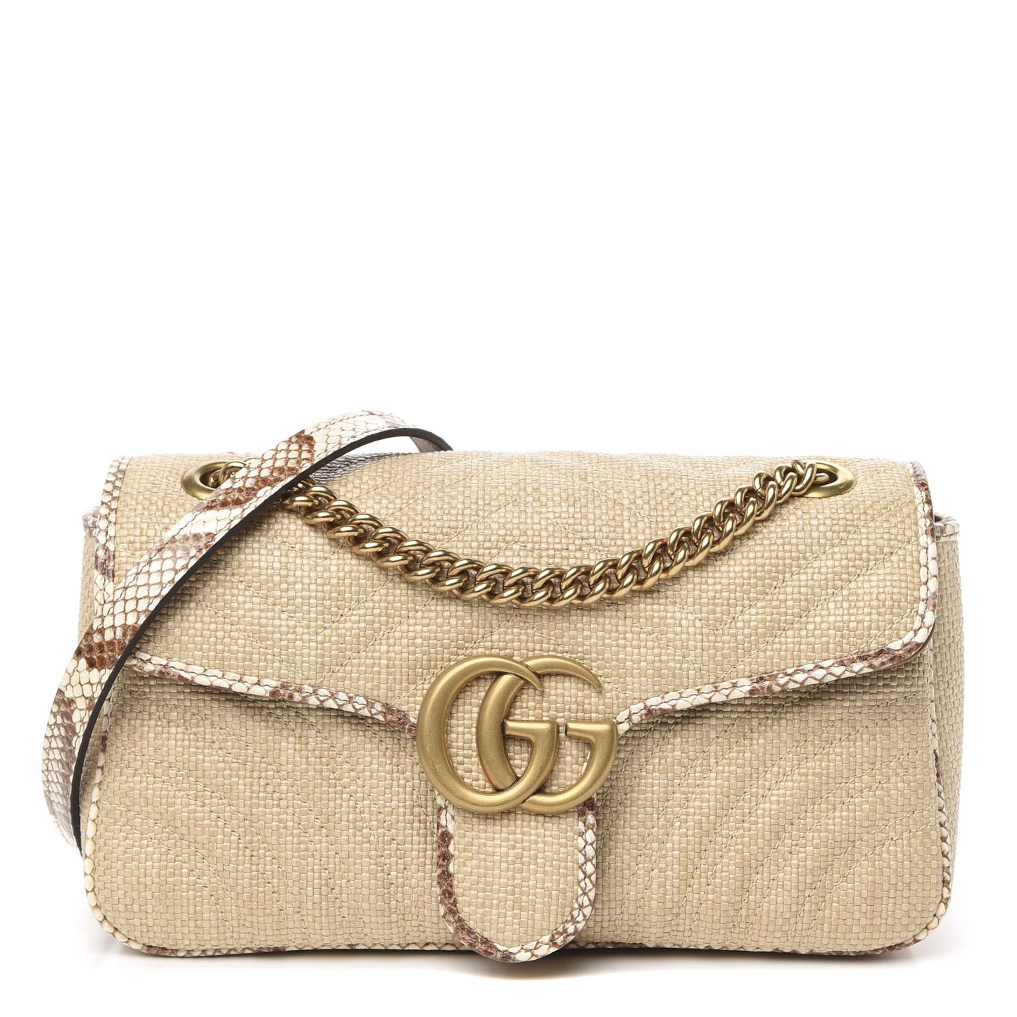 Raffia Elaphe Matelasse Small GG Marmont Shoulder Bag Natural Cream Brown