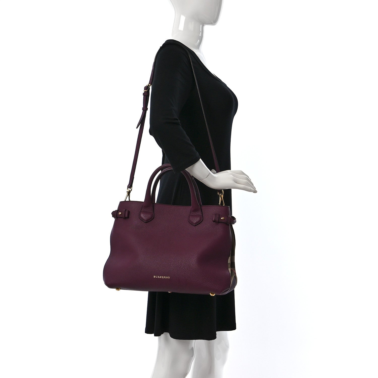 Burberry Grainy Calfskin House Check Medium Banner Tote Elderberry 2 of 8