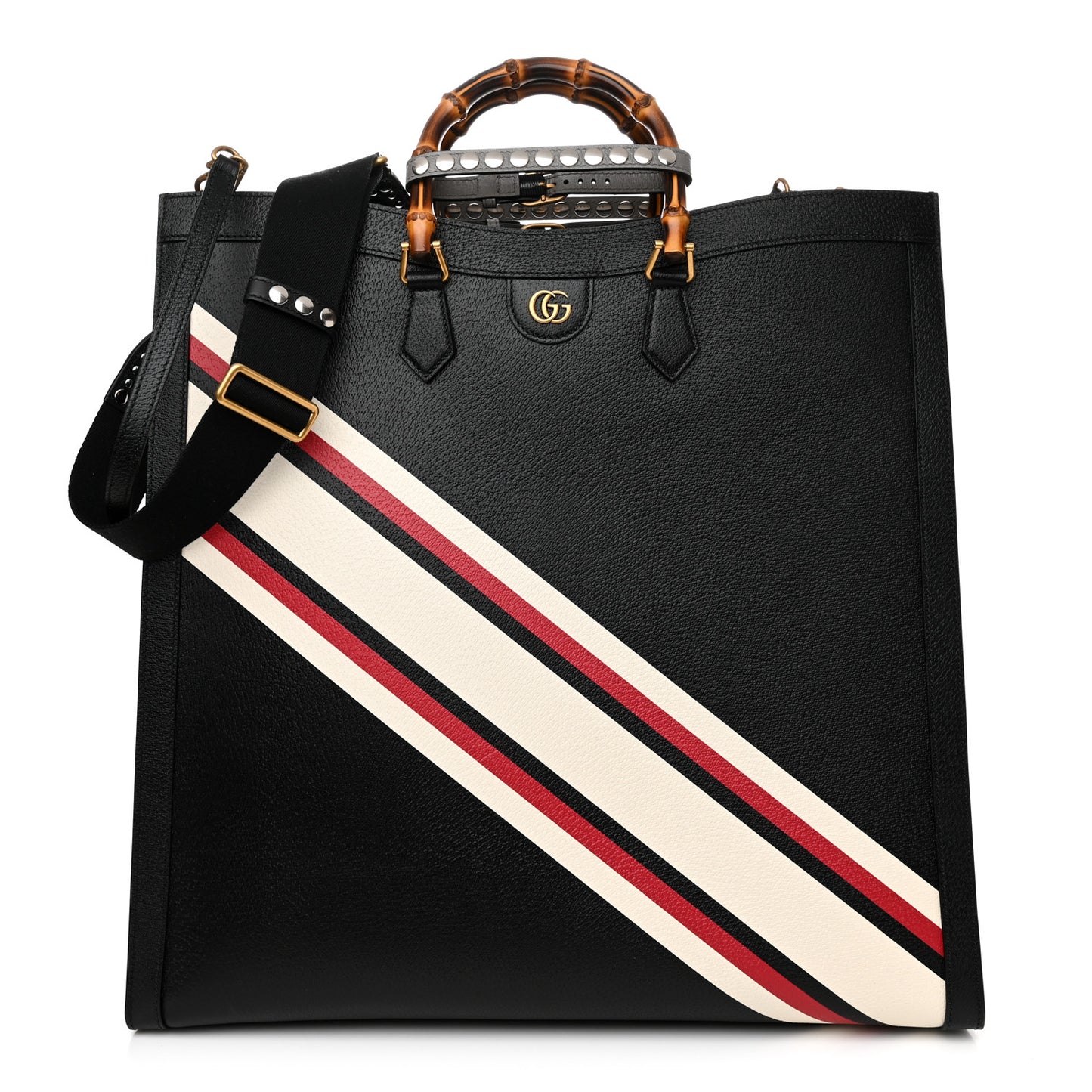 Textured Dollar Calfskin Stripe Studded Maxi Diana Tote Bag Black Multicolor