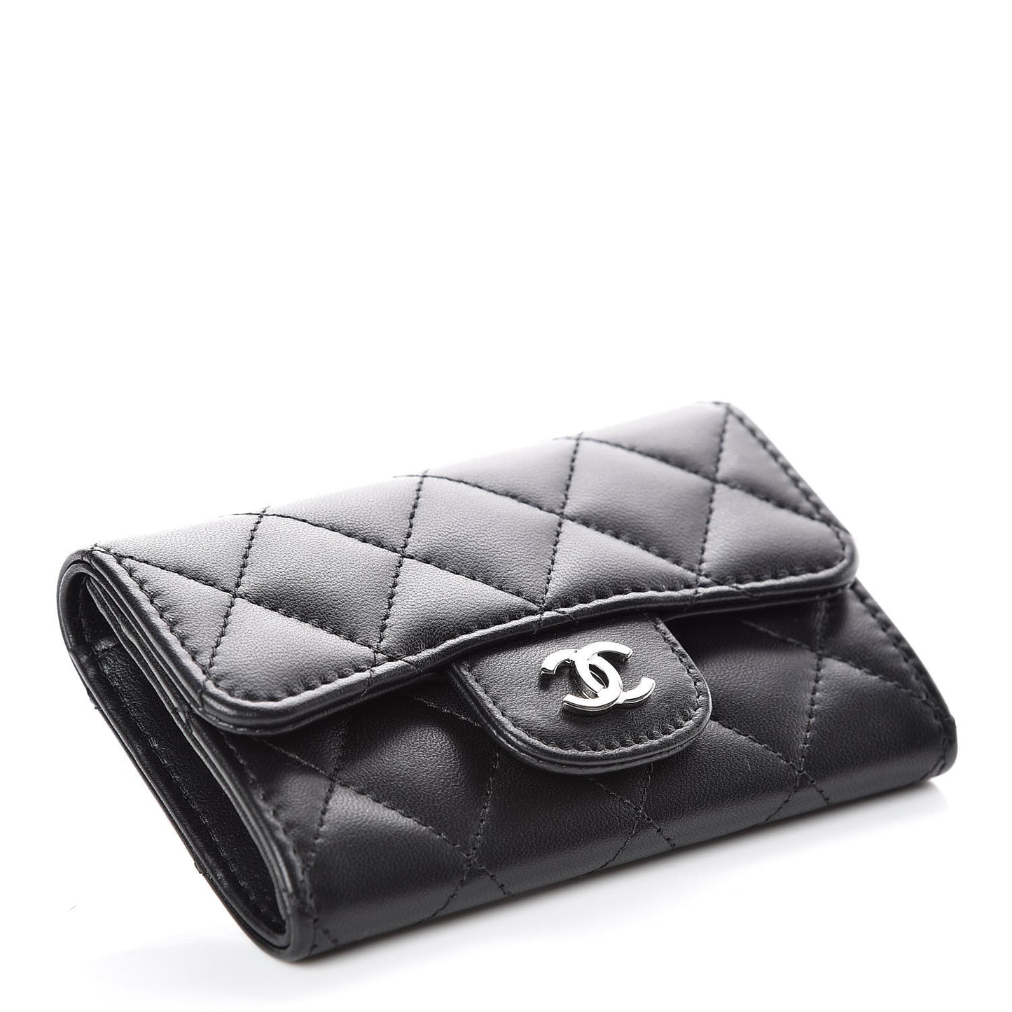 Lambskin Quilted Flap Card Holder Black