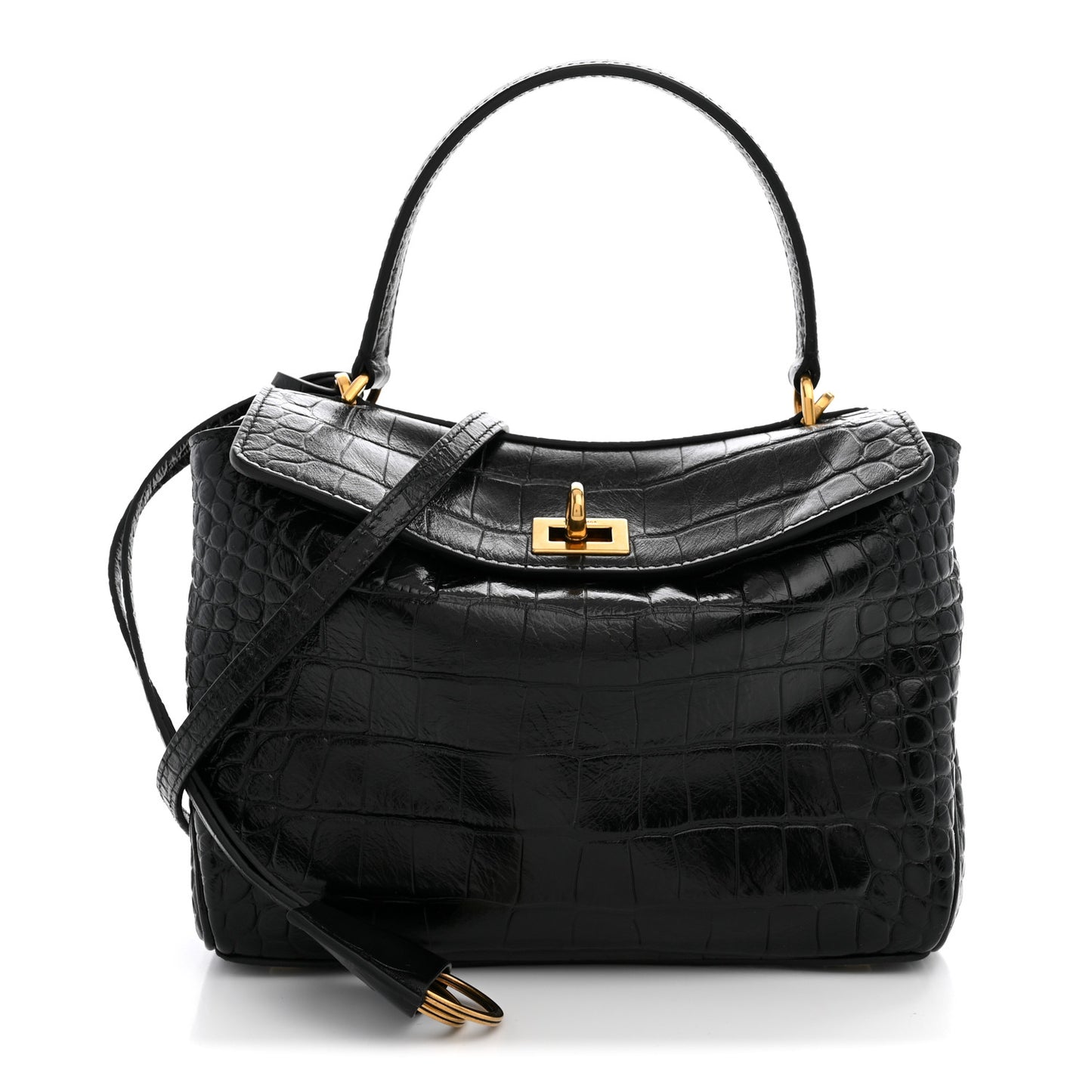 Shiny Calfskin Crocodile Embossed Mini Rodeo Top Handle Handbag Black