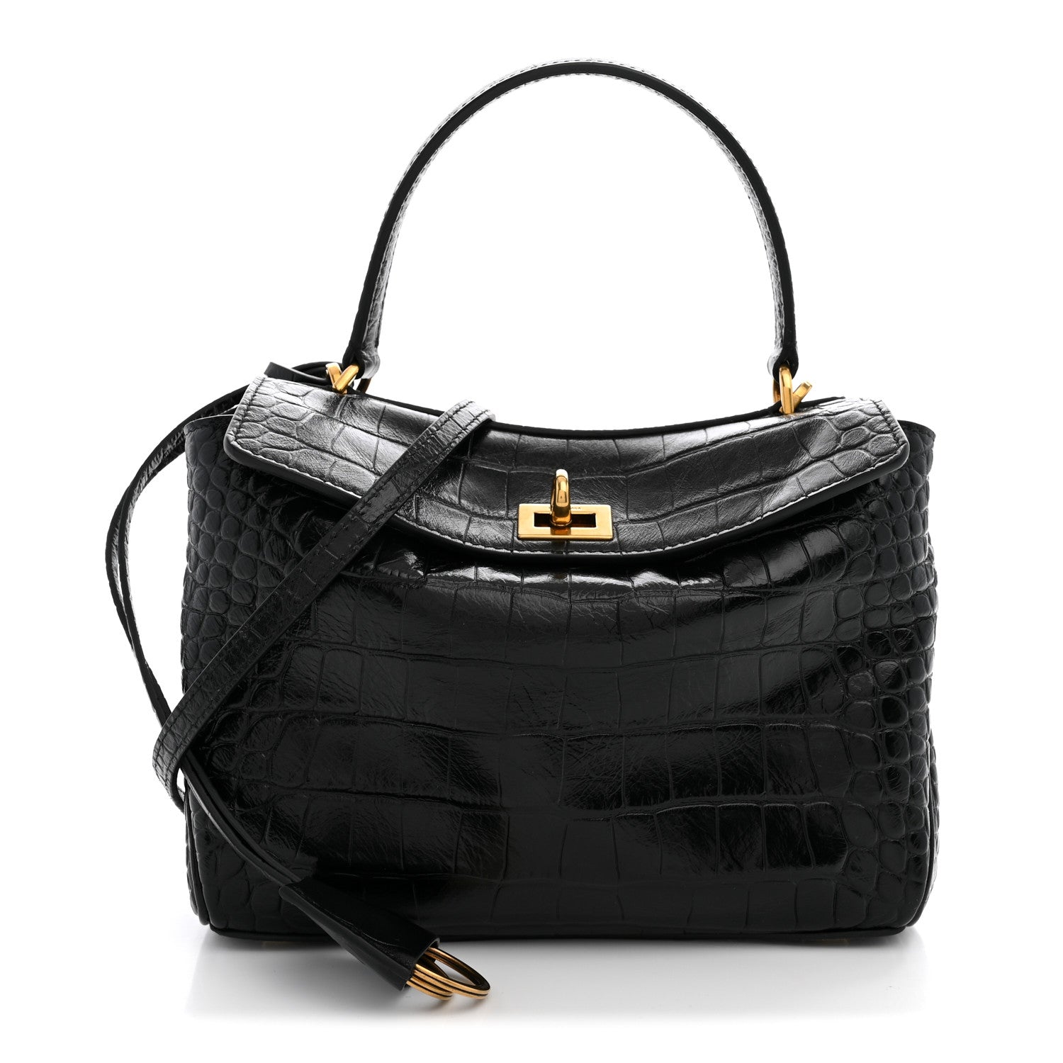 Balenciaga Shiny Calfskin Crocodile Embossed Mini Rodeo Top Handle Handbag Black 1 of 9